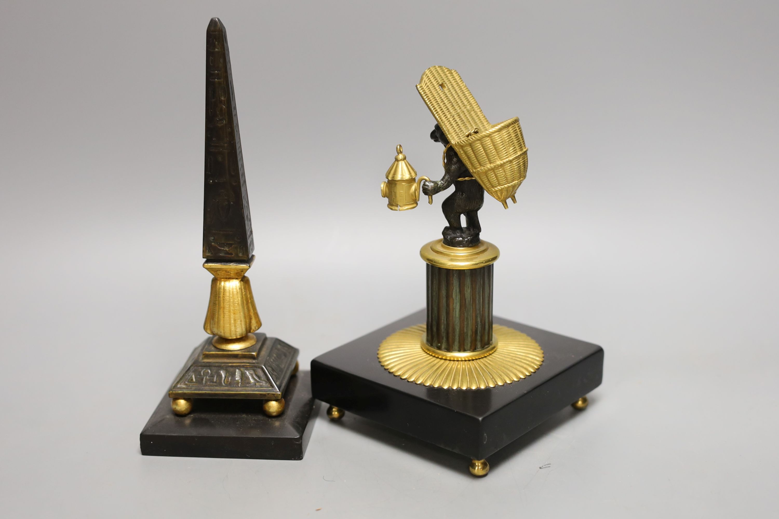 An ormolu and bronze ‘travelling bear’ match tidy together with a ‘sphinx’ thermometer 19cm (2)